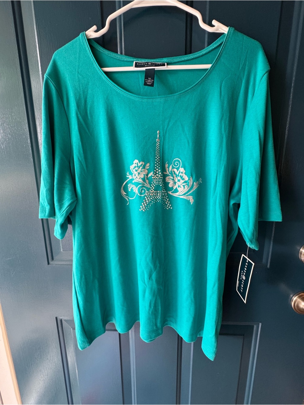 NWT Karen Scott Teal Embellished Eiffel Tower Paris Tee
